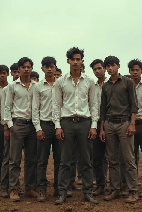 A group of young men standing in a muddy field. Some of them are wearing white shirts while others are in darker shirts.