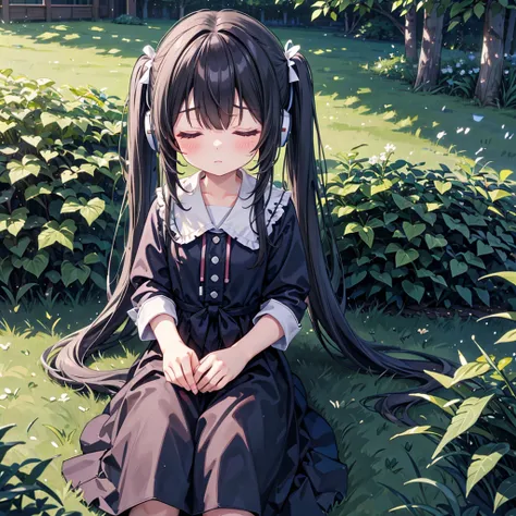 One person, solo, High resolution, Long Hair, Simple Background, Close your mouth, Closed eyes, Impressionism, masterpiece, Twin tails, headphone、Are sleeping、大きな白いベッドにAre sleeping