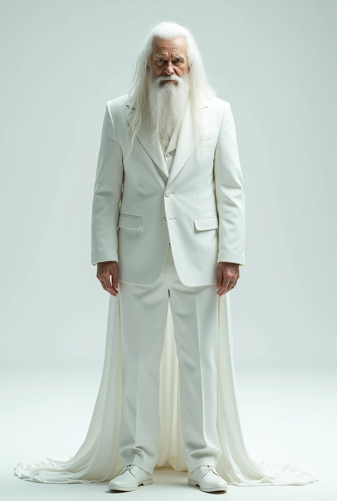 generates a man with long, messy white hair wearing a white suit