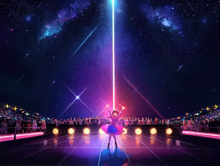 a girl dancing on a disco dance floor, wearing bright colorful clothes, bright spotlights shining on her, vibrant lighting and music, starry night sky background