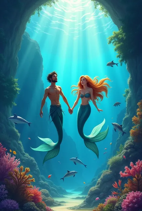 Scene 7: Leo and Lyra’s Life in the OceanPrompt: A vibrant underwater scene where Leo and Lyra, now both merfolk, explore the ocean together. They swim hand in hand through a beautiful coral reef, surrounded by colorful fish, sea turtles, and playful dolph...