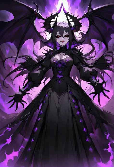 devil、wing、black sclera、White of the eyes、黒白のdevil、Long black nails、Atrocities、爆乳devil、tooth、Double teeth、Black coat、Purple aura、