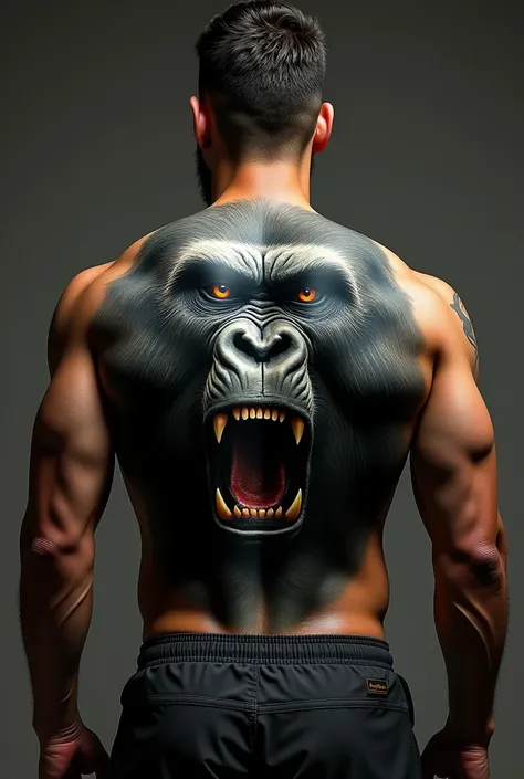 Create an image of a man from the back, with the left side of his back tattooed with the image of a realistic gorilla. The tattoo must have vivid details, showing the gorilla&#39;s intense and powerful expression, with piercing eyes and detailed fur, occup...