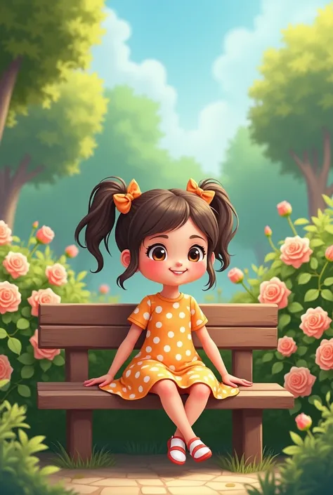 Cute cartoon cute girl sitting on a bench around a lot of greenery, Beautiful, bright colors,  There are rose bushes next to the bench, The girl is wearing a polka dot dress, bows on pigtails, Picture