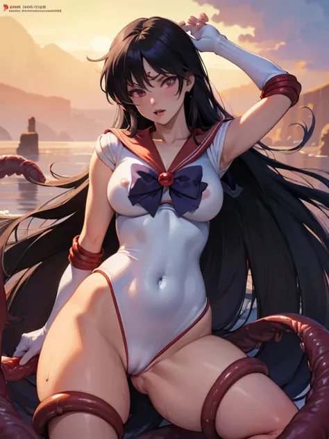 hentai image, photorealistic, many tentacles, the many tentacles are wrapped around the legs and waist, tentacles caressing her ...