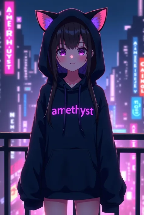 anime girl is wearing black hoodie, with 
cat ears and with a purple text "amethyst" on her clothes, in citylights background, 