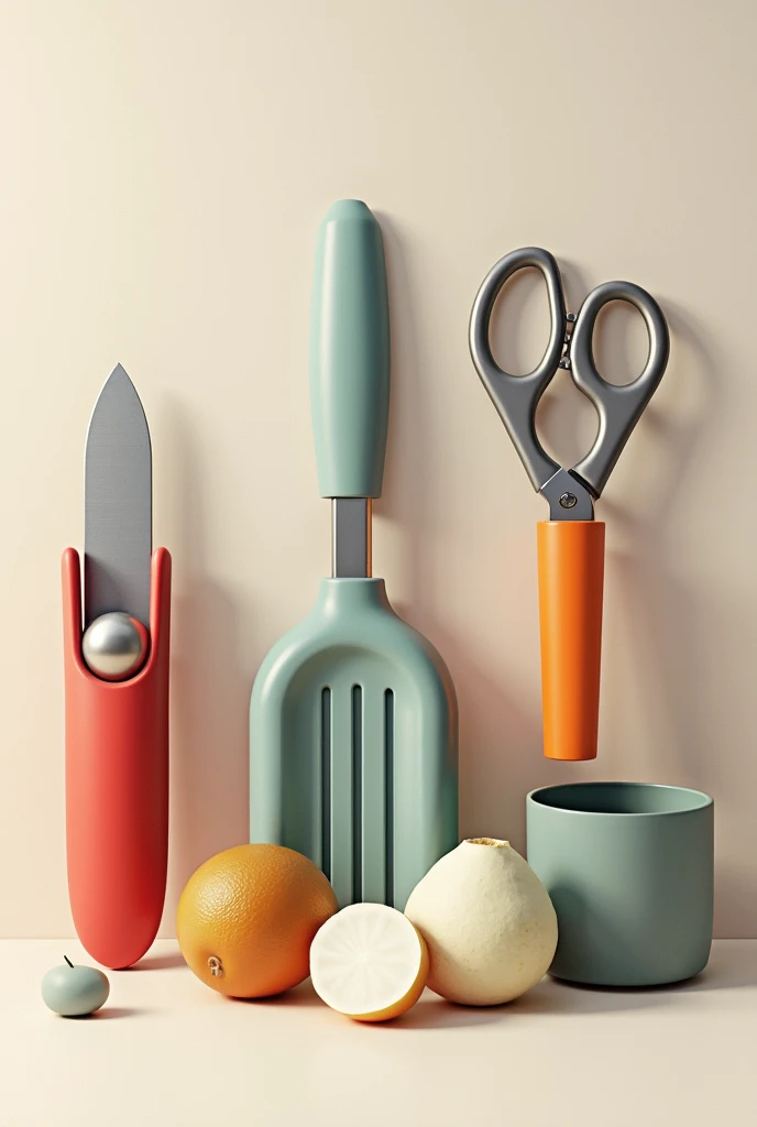 An image of home products, knife sharpener, can opener, kitchen scissors. Arranged randomly