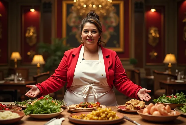 fat woman Iron Chef: Quest for an Iron Legend,the back ground is in a fancy restaurant, surrounded by food, food everywhere, table full of food in foreground,