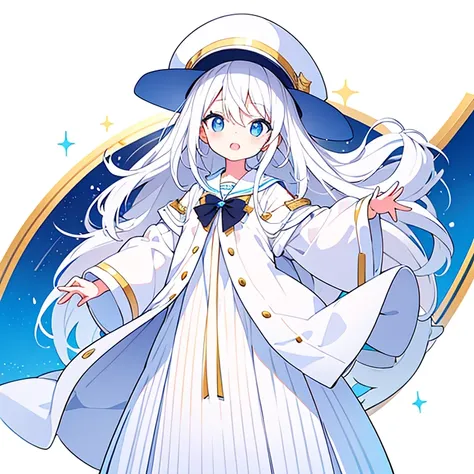 Mouth open、There is a gap on the top of the hat、Pure white background、Standing still、Hands at sides、White hat with gold decoration、Long white hair、Sailor&#39;White uniform