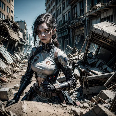 
a undead woman in a damaged and torn uniform wanders among the rubble of a battlefield, pieces of futuristic technological means are visible on the ground ,hyper-realistic, hyper-detailed, photo-realistic 