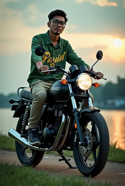 (masterpiece, high quality, 最high quality:1.2)、reality，alone， hensom malay man 29 yea,r glasses、He sits with his legs spread apart on a green modified Honda Super Cub. facing camera，green shirt and making word Gold inscription "payid", cargo pants、sneakers...