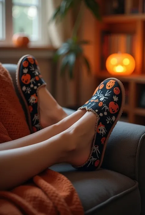 (photorealism:1.2), woman feet in a couch with home shoes Halloween theme