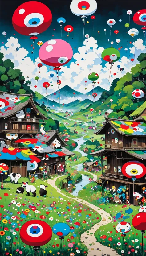 artist by Takashi Murakami,inside the village,wild animals,light tones,(smooth strokes),fine sketches,Vivid,Moody,Landscapes,Fantasy,Dark,landscape oil painting, red and green colors