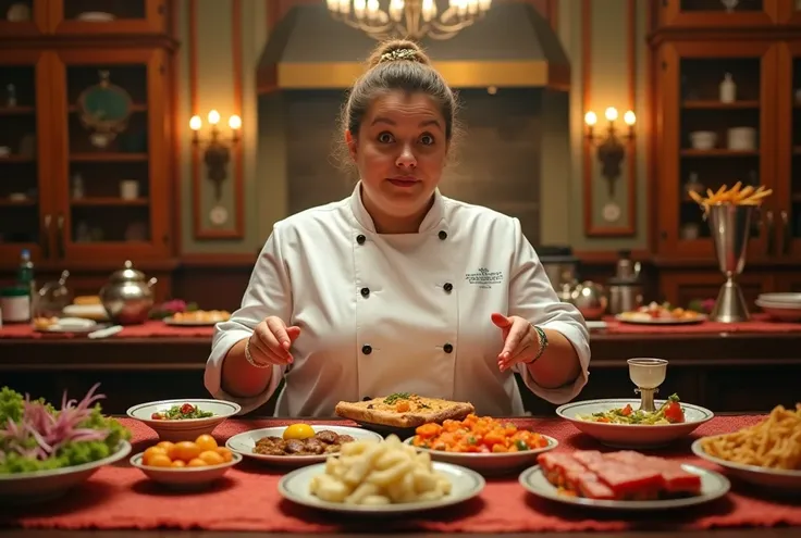 fat woman Iron Chef: Quest for an Iron Legend,the back ground is in a fancy restaurant, surrounded by food, food everywhere, table full of food in foreground,kitchen stadium