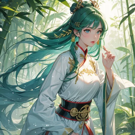 A beautiful female general holding a big spear in white ancient Chinese general costume, the back is a lush green bamboo forest. the air after rain has water droplets splashing around, close up.