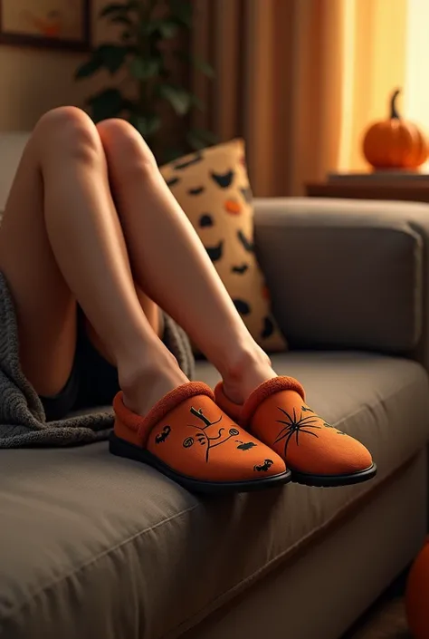 (photorealism:1.2), woman feet in a couch with home shoes Halloween theme