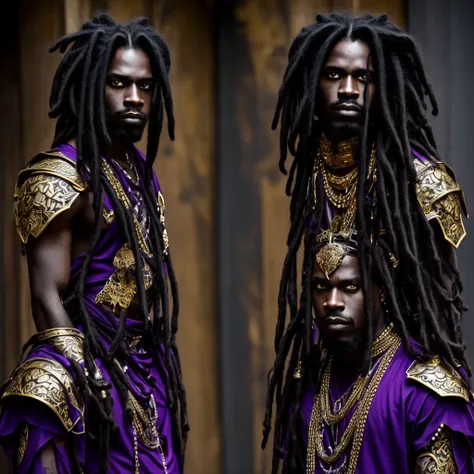 Dark, African American, MAN, mirroring inverse, DEMON, SAVAGE ONI, bewitching dreadlocks, dark clothing, dark armor, fantasy, gold purple and black color palette, determined deep purple eyes 