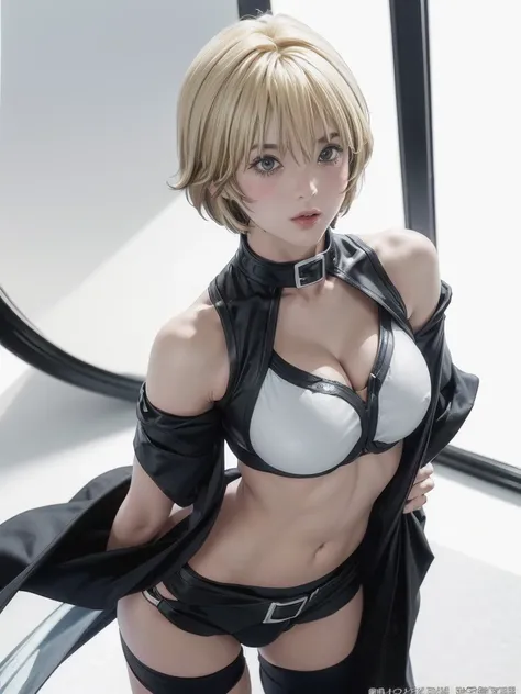 kurosaki mea、最high quality、high quality,, ((Masseter muscle area)), ((High resolution)), ((最high quality)), detailed, ((Glowing Skin)), ((huge 、Blonde、Short Bob))、(Black Bondage, Waist Cloak, Black shorts), Voluptuous bust, exposed navel, Bowl-shaped big b...