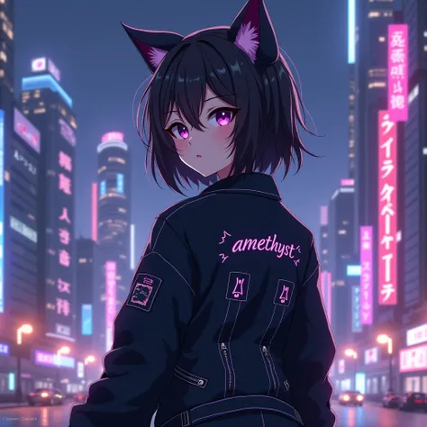 anime girl is wearing black aesthetic jacket, with cat ears and with a text "amethyst" at 
the back of his clothe, in 
citylights background