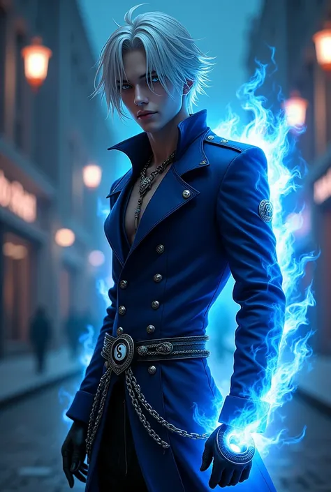 Male age 25, latin-greman, smile, gray eyes, white hair visual kei, deep evil and cute eyes, long crazy smile, mixed royal blue and black on the leather matrix gabardine open, soft black shirt, black cargo pants, only right arm on blue flames, cyberpunk st...