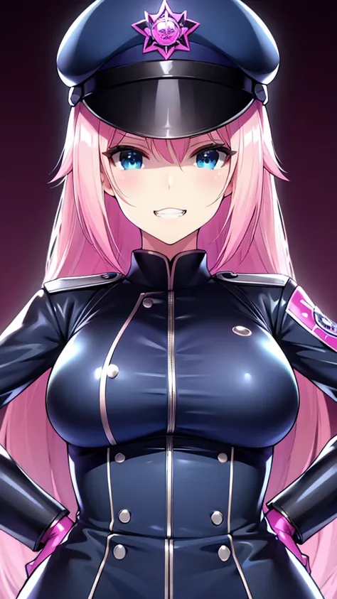 tall、 adult、married woman、shiny latex police uniform、officer hat、邪evilな警官、pink and black background,  evil, lure, excited, a con...