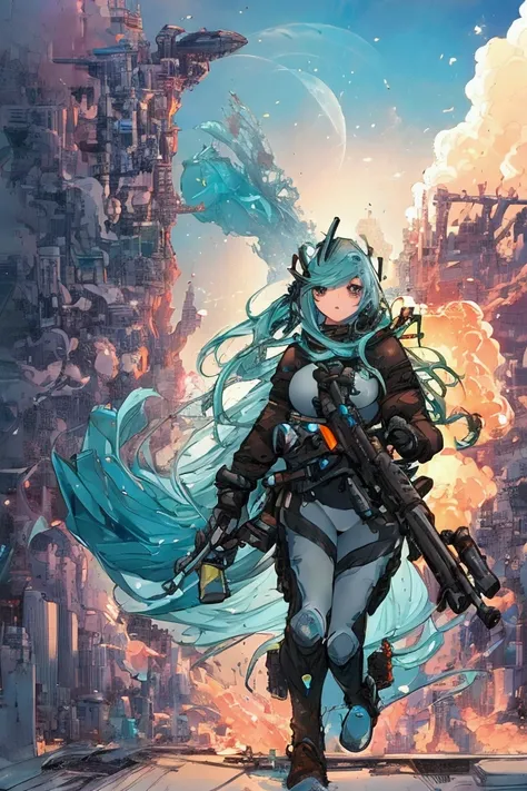 two full-body figures of a dolphin-faced mermaid holding a gun in both hands and firing in a space suit　burning cityscape in the...