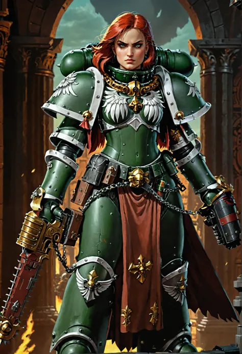 1girl, dark angels armor, chain sword, battle sister, cartoon style, 8k, hyper detailed, intricate details, dramatic lighting, c...