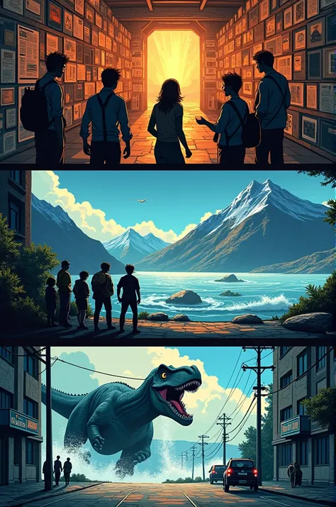 Create a 3-panel comic strip involving conspiracy theory, global warming and dinosaurs 