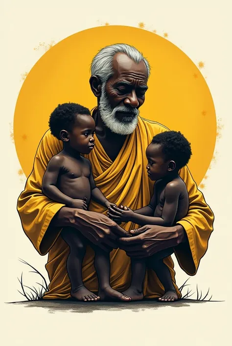 Create a logo showing africa in a round circle with 1 elder carrying a young child plus one following him while he holds her hand. Let yellow and black dominate as the colours 