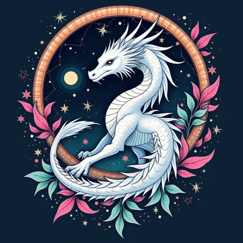 （White dragon in a colorful dream catcher），"T-shirt design with circular outline, new moon, Japanese star