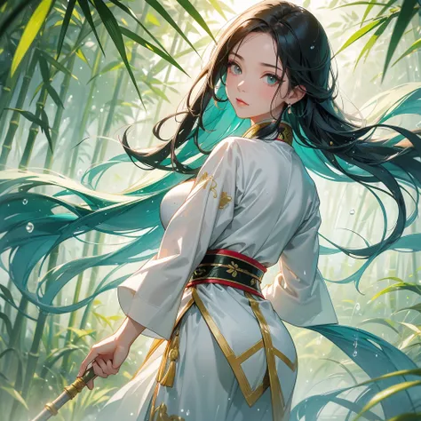 A beautiful female general holding a big spear in white ancient Chinese general costume, the back is a lush green bamboo forest. the air after rain has water droplets splashing around, close up.