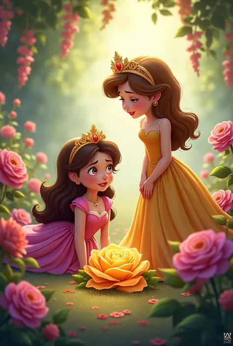 Cartoon image. There are only 2 princesses in a royal flower garden. One princess fell to the ground. Other princess crying. Gold color shinny rose flower drooped near to them.