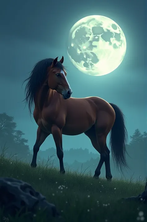 A horse taking grass on full moon nights 