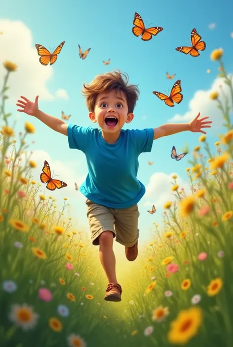 The same young boy, now running through a meadow with outstretched arms, chasing colorful butterflies. His blue t-shirt flutters in the wind. Dynamic pose, vibrant colors, joyful atmosphere.