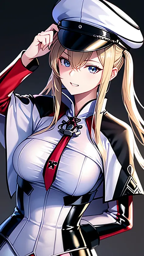 tall、 kantai collection　graf、adult、married woman、shiny latex police uniform、officer hat、邪evilな警官、pink and black background,  evi...