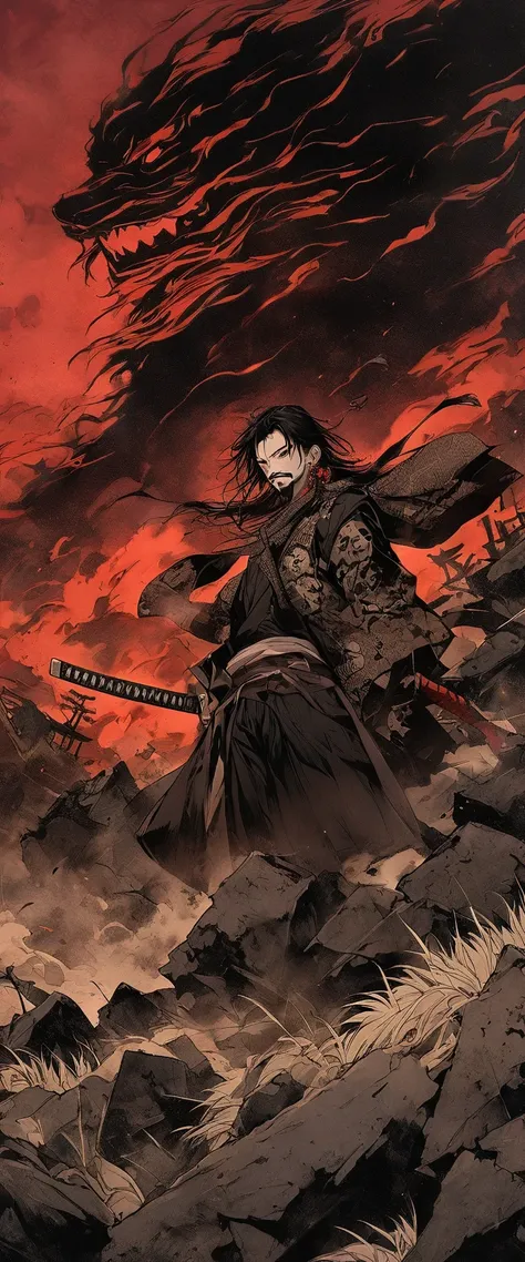 Scarlet Silk Ronin Costume。A world of thick fog,White silver grass field。Earrings。Tattoo on face。Close up on face。Dark Eyes。clothes are blowing in the wind。Grin。Katana on the waist。Stylish pose。Mustache。Beard。Messy long black hair。 A thin young ronin stand...