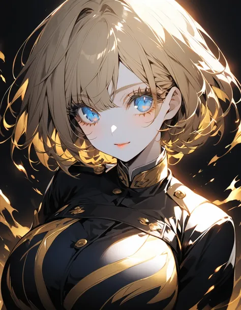 Navy blue original uniform (Girl:1.5), (blonde:1.5）(eyelash:1.2) (Short Bob Hair:1.4), (blue eyes)(Big Breasts:1.3)High contrast golden flames all over the body（Dazzling Light:1.5）
