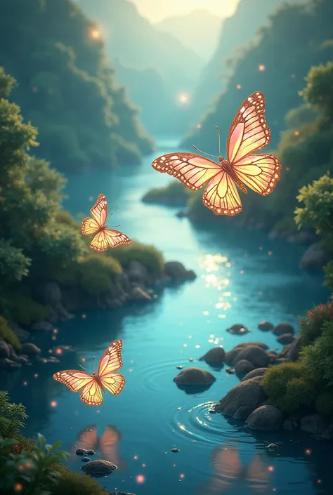 Beautiful energy art that gives power to those who see it。Landscape images。butterflies dancing on the riverside。Fantasy。Dreamy。Fantasy。