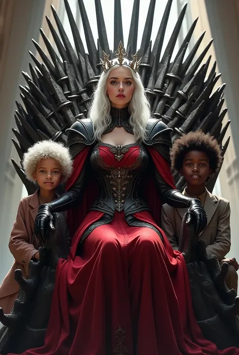 Queen with a crown of white hair red and black armor sitting on the iron throne of swords with a two children a dark skin with white curly hair and a dark skin with light white curly hair smiling and commoners kneeling 