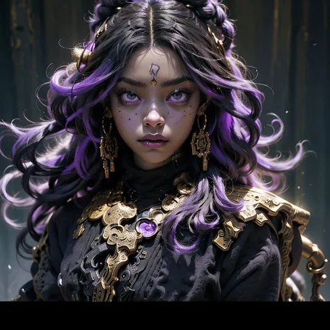 Dark, African American, MAN, indiffirent, powerful,mirroring DEMON,ONI, bewitching dreadlocks, dark clothing, dark armor, fantasy, gold purple and black color palette, determined deep purple eyes 