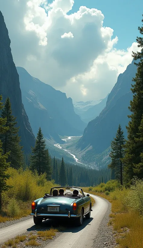 Highest quality,8k,Realistic,Extremely realistic scenery,An open car driving through the American wilderness,A world where only the sky is a fantasy,