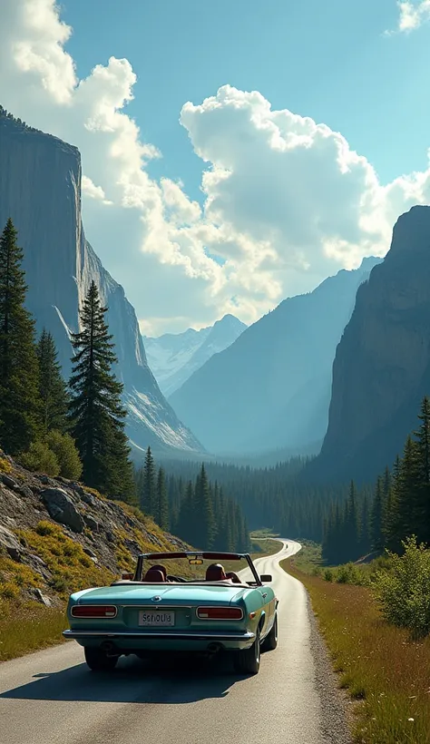 Highest quality,8k,Realistic,Extremely realistic scenery,An open car driving through the American wilderness,A world where only the sky is a fantasy,