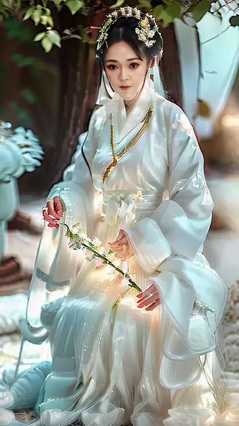 （（Long ears）），full body ，The eyes are very delicate.， Human，gorgeous white hanfu，（（（hair accessories）））（（（face veil））），necklace，（（（A garden with many flowers））， （（complicated details））， （（Surrealism））（8k）