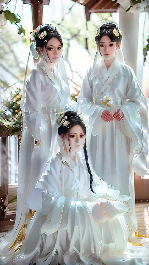 （（Long ears）），full body ，The eyes are very delicate.， Human，gorgeous white hanfu，（（（hair accessories）））（（（face veil））），necklace，（（（A garden with many flowers））， （（complicated details））， （（Surrealism））（8k）