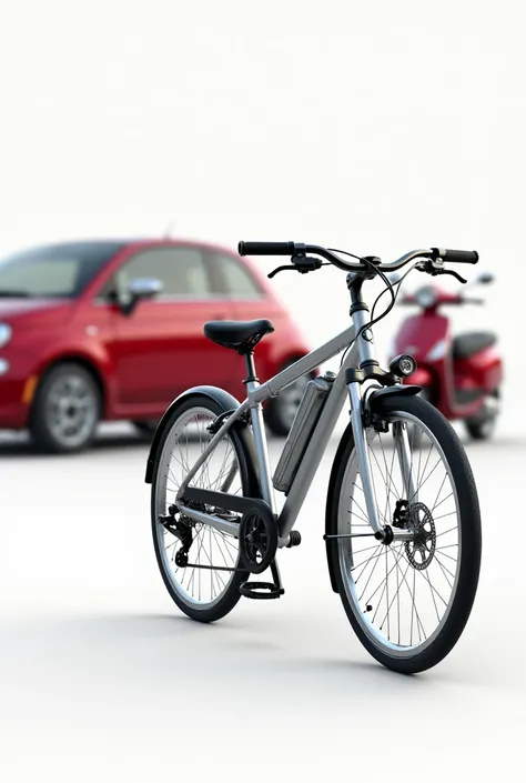 Generate the realistic image of bike, blur color car and red scooter which is used for advertisement in full white background. 

