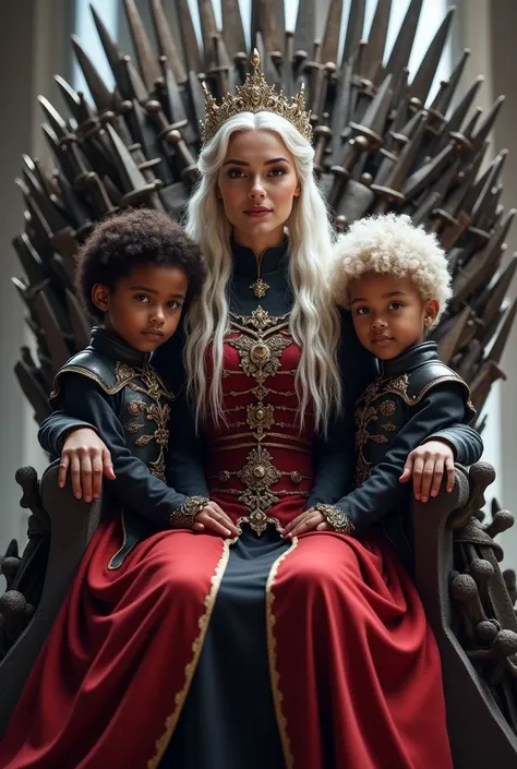 Queen with a crown of white hair red and black armor sitting on the iron throne of swords with a two children one dark skin with white curly hair and one dark skin with white curly hair white light smiling 