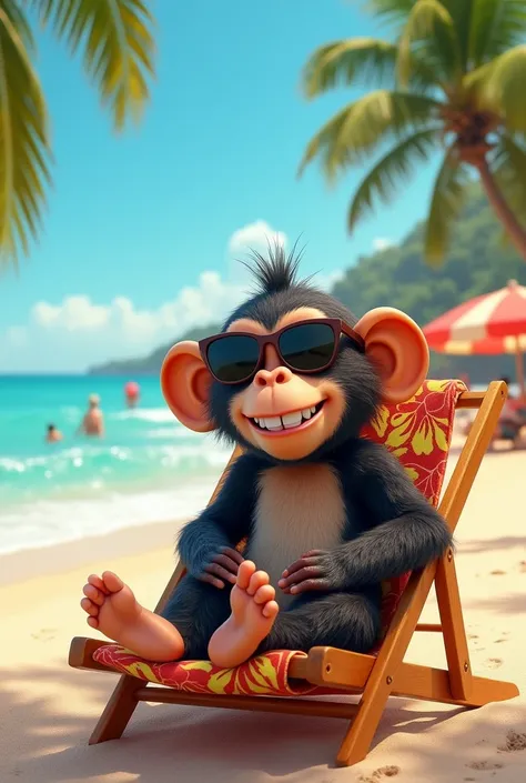 monkey chilling at a beach, monkey with sunglasses, lying on a beach chair, realistic, colorful