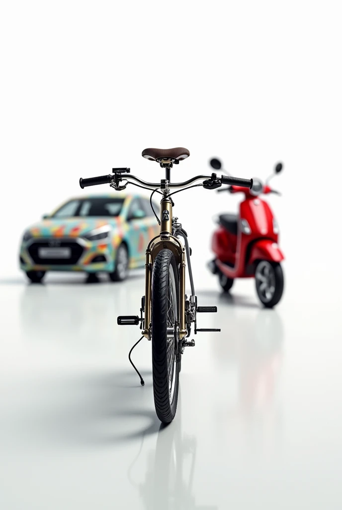 Generate the realistic image of bike, blur color car and red scooter which is used for advertisement in full white background. 

