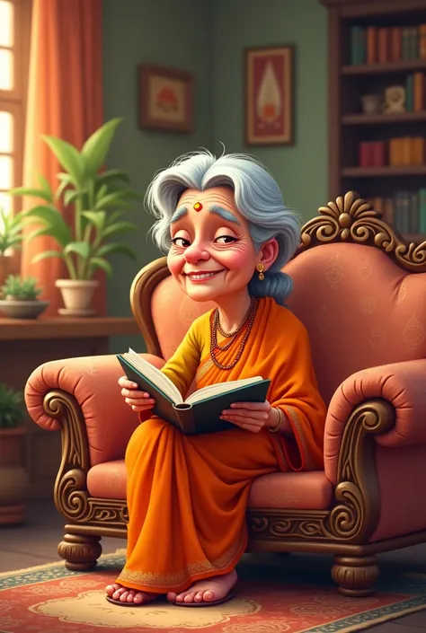 A cartoon character  of a old lady image which is sutable for my youtube channel dp the lady just look like a indian lady and sitting at sofa with a book in her hand and learning somethin in it

