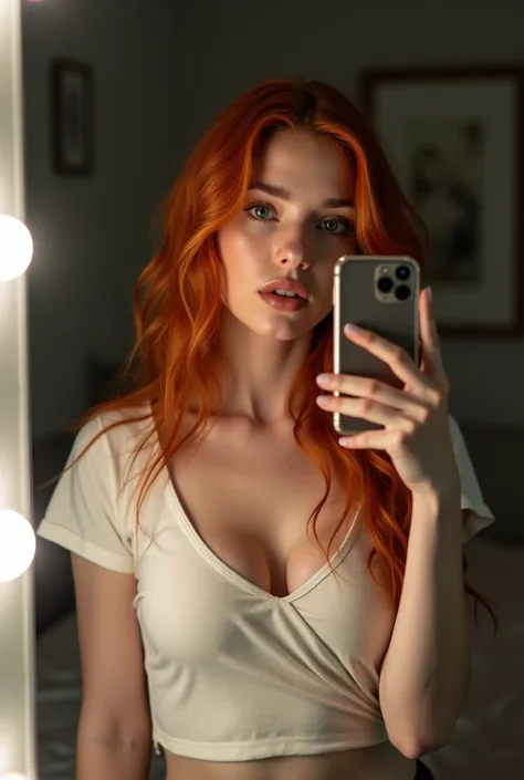 Photo dune jeune fille redhead prenant un selfie dans sa chambre, striking a very sexy pose with her phone in front of her mirror. Elle est de corpulence moyenne. Le miroir est équipé de LED blanches. She is dressed. She is wearing a t-shirt,face is visibl...